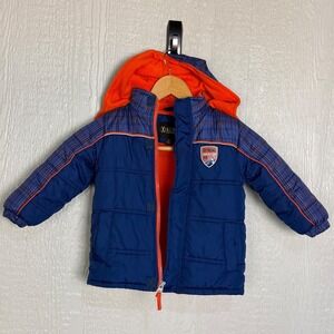 iXtreme Expedition 75 Boys Toddler Puffer Jacket Blue Orange Plaid Hooded 2TEUC